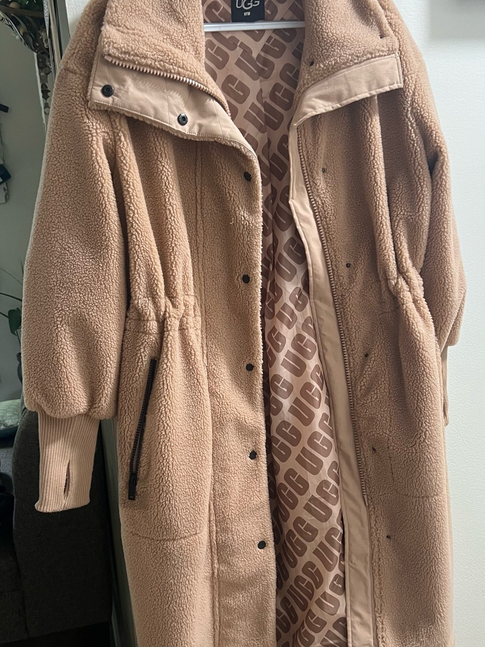 UGG Women's Camel Teddy Sherpa Coat with Branded Lining
